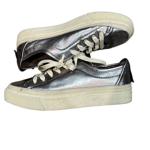ALLSAINTS ALL SAINTS Metallic Pewter Silver Milla Leather Platform Sneakers Size - Picture 1 of 9